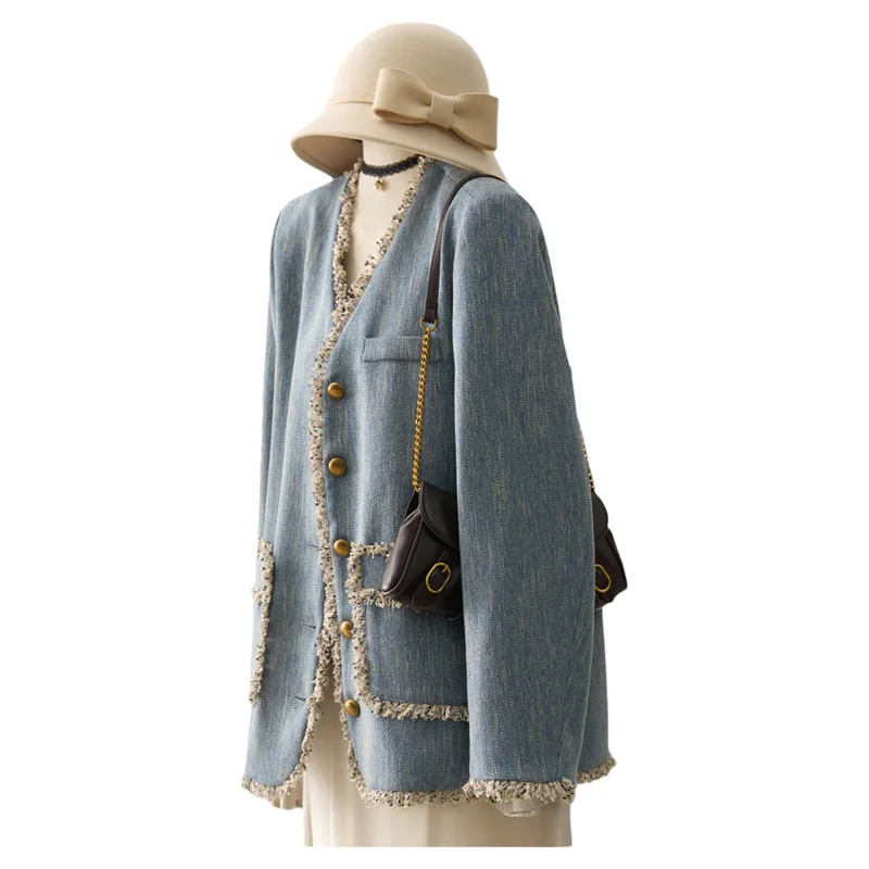 

Women's V Neck Casual Tweed Blazer French Style Blue Autumn Spring Jacket Gold Buttons Frayed Trim Single Breasted Coat