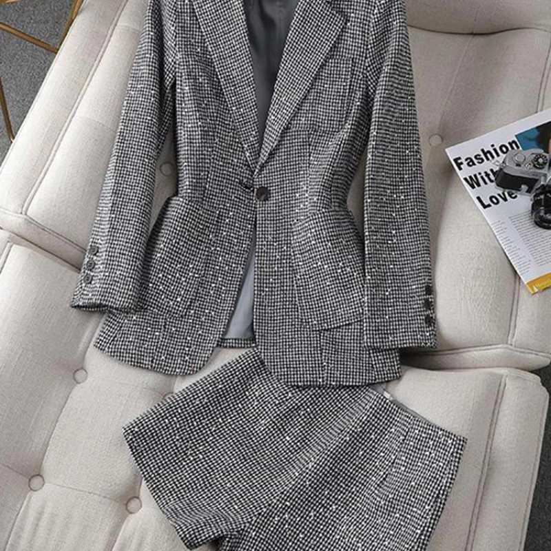 2024 New Women\'s Harajuku Loose Suit Sequin Shorts Two-Piece Set New Spring Autumn Jacket Blazer+Shorts Loose 2 Piec A976