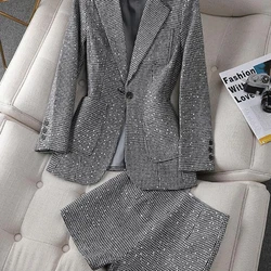 2024 New Women's Harajuku Loose Suit Sequin Shorts Two-Piece Set New Spring Autumn Jacket Blazer+Shorts Loose 2 Piec A976