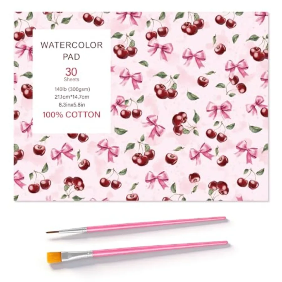 

30 Sheets Watercolor Paper Pad with 2 Pcs Watercolor Brush, 140lb/300GSM Water Color Paper 8.3x5.8, Cold Pressed Tearable Water