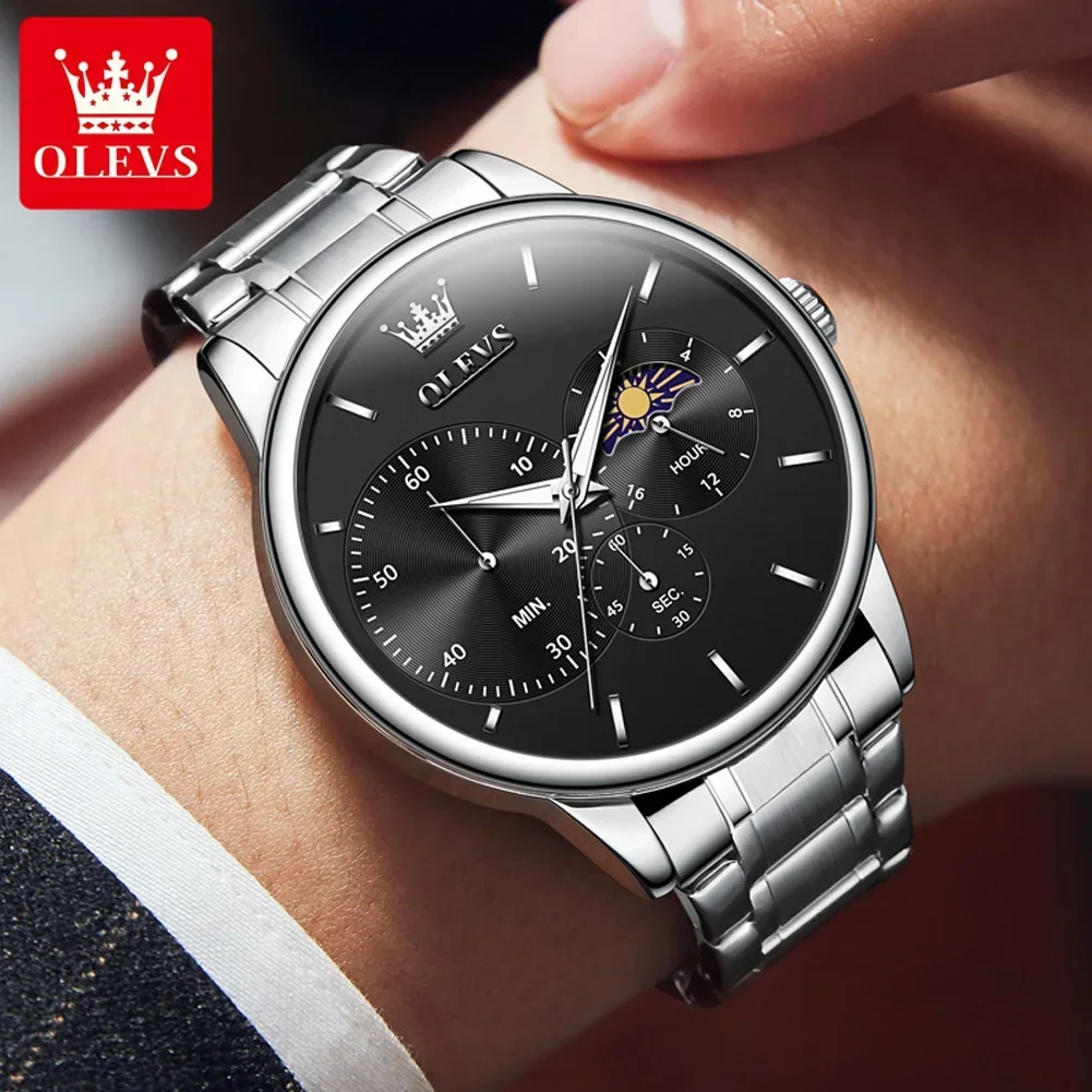 OLEVS Moon Phase Men\'s Watch Luxury Stainless Steel Man Chronogragh Quartz Wrist Watch Luminous Waterproof Watches for Men Clock