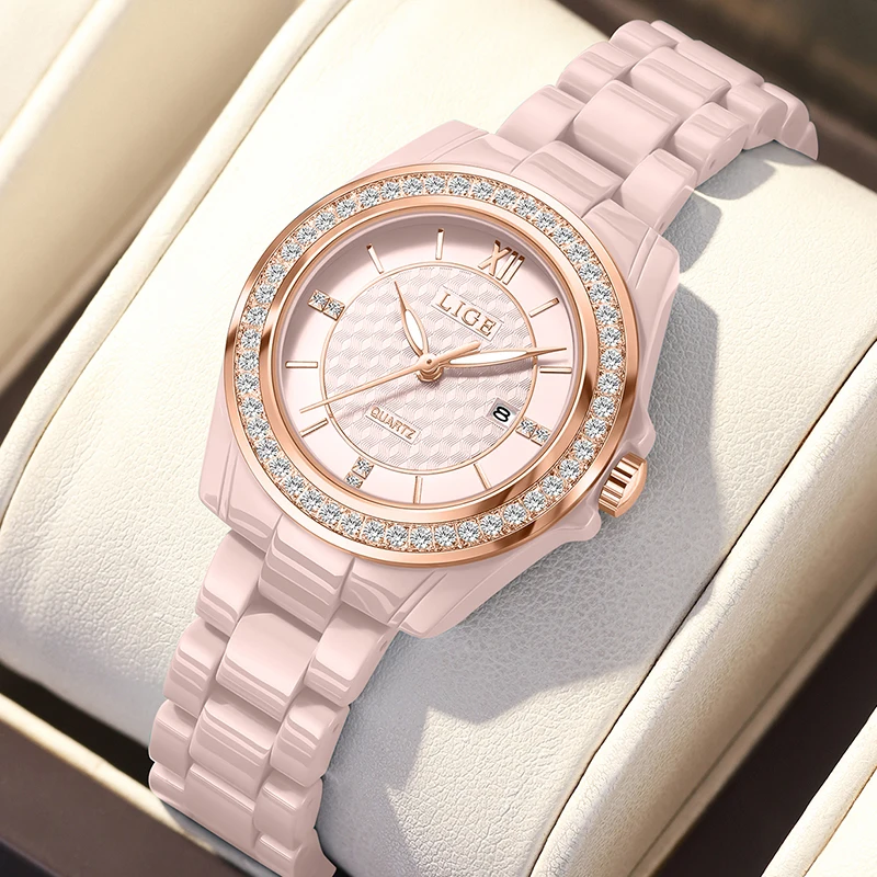 LIGE New Pink Watch Women Watches Top Brand Luxury Ceramic Watch Women Fashion Sport Waterproof Quartz Watch Female Montre Femme