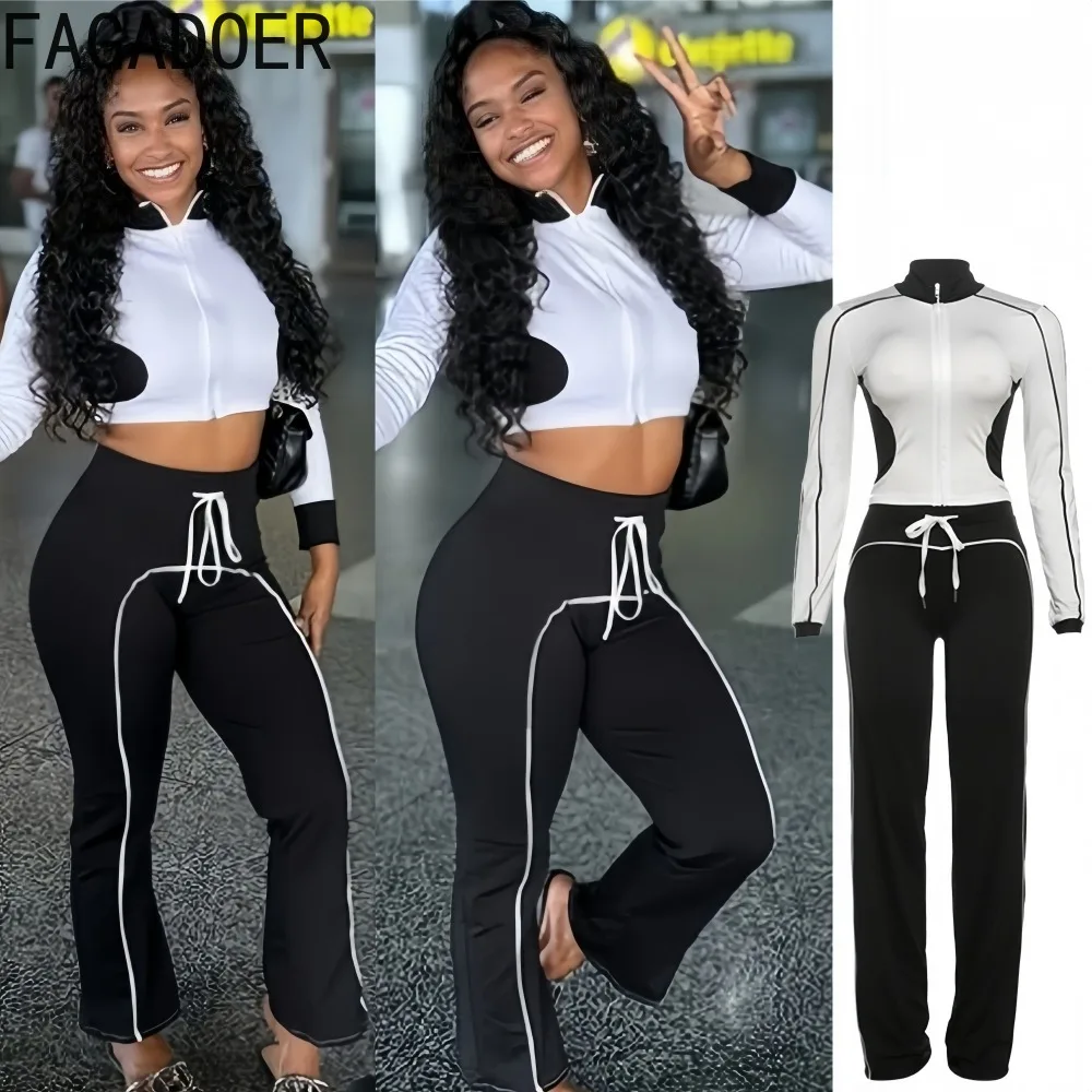 

FAGADOER Fashion Two Piece Outfits Woman Outfit Color Block Long Sleeve Zipper Crop Top and Pants Tracksuits Female Streetwear