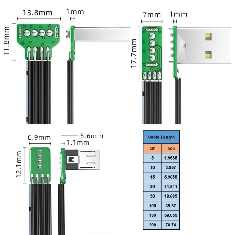 5CM-200CM Super Flat Flexible Up & Down & Left & Right Angled 90 Degree USB Micro USB Male to USB Male charging Data Cable