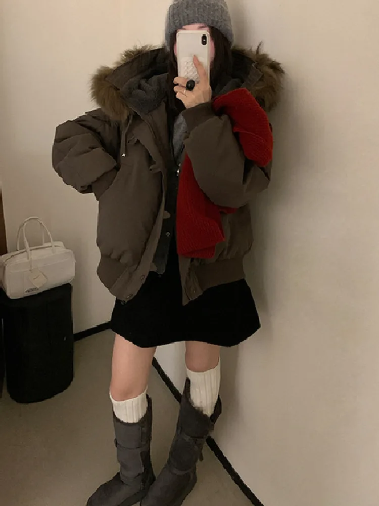 معطف بقلنسوة كوري منتفخ للنساء من Warmth مع ياقة من الفرو بتصميم Utili ket معطف Thiened Du down