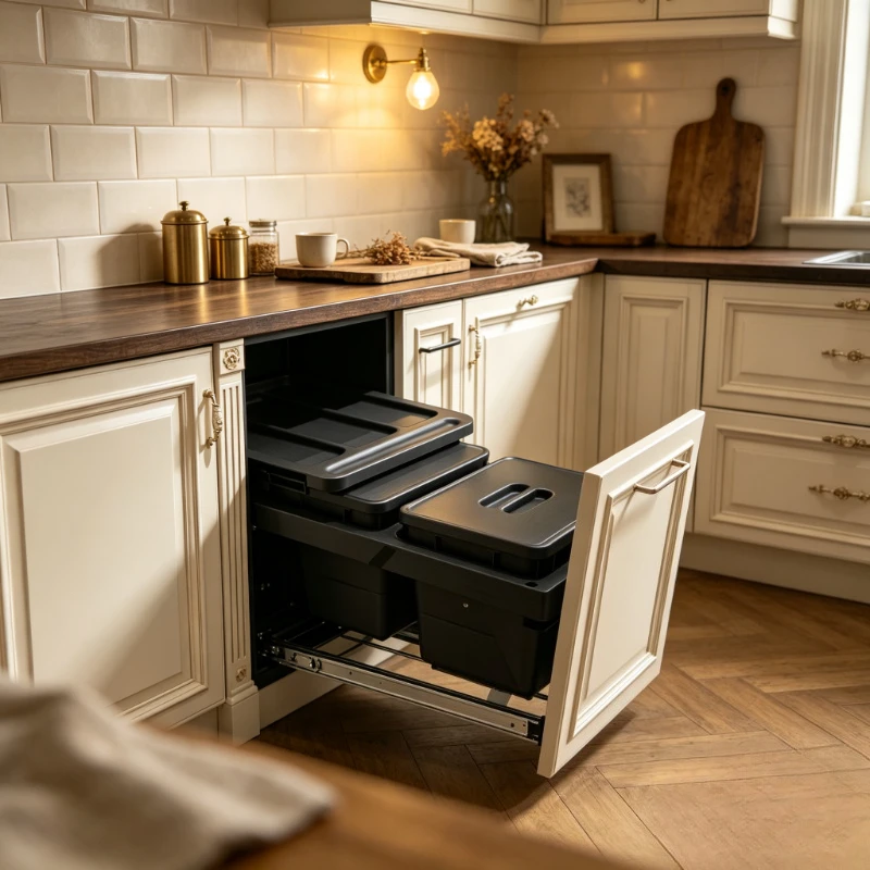 Kitchen Cabinet Slide-out Trash Container, Double Bin Drawer Organizer for Under Sink, Large Capacity Waste Sorting System.