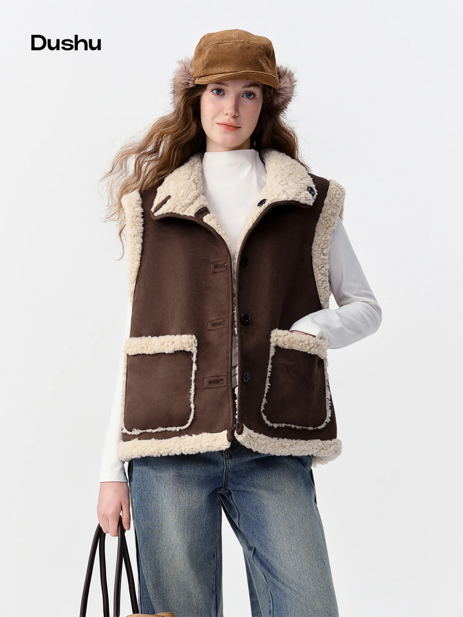DUSHU Damen-Weste aus Kunstfell, wendbar, mit einem Wildlederähnlichen Lammfell, Stehkragen, beidseitig tragbar, ärmellos, locker geschnitten, als Oberteil oder kurzer Mantel.