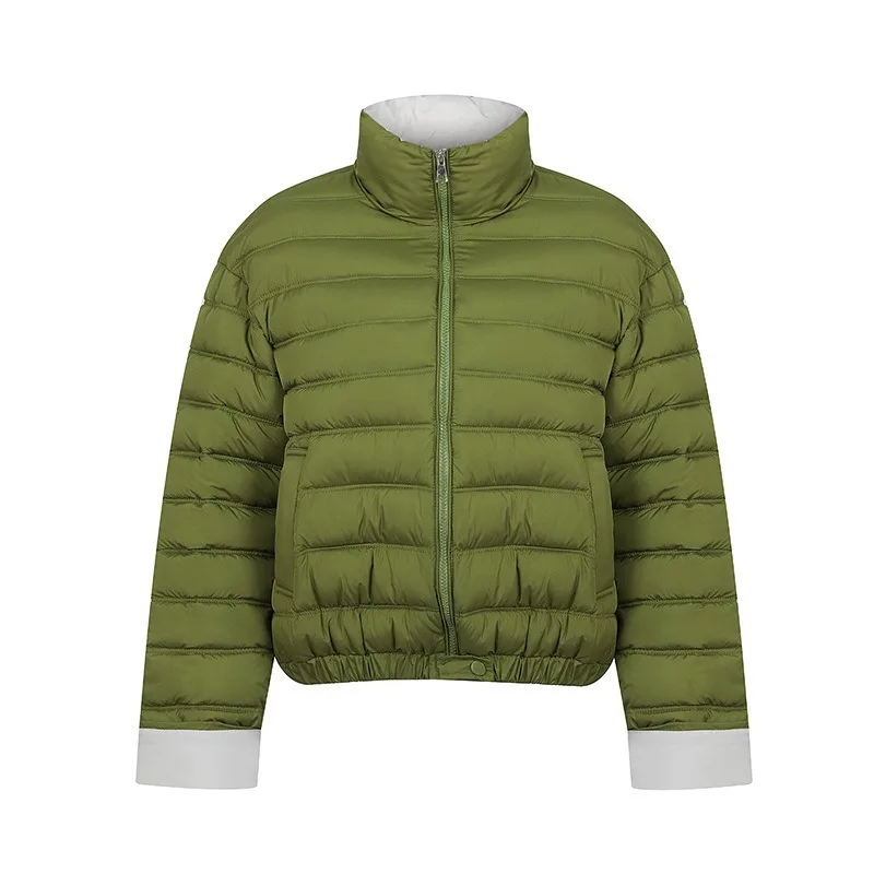 Women Warm Cropped Puffer Coat Solid Stand Collar Zip-Up Horizontal Quilted Contrast Ribbed Cuff Elastic Hem Winter Outerwear