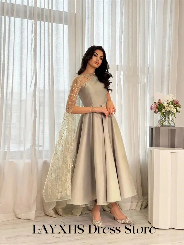 LAYXHS 絶妙なフォーマルイブニングドレス チュール ワンショルダー ケープ Aライン プリーツ アンクル丈 ドバイ プロムドレス カスタマイズされた فستان س