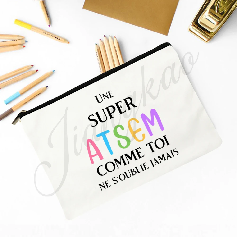 Merci Maitre Atsem French Printed Pencil Bag Stationery Bags Travel Makeup Pouch Teacher's Day Graduate Thanks Gift for Teacher