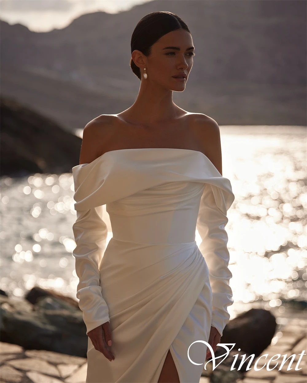 تخصيص حمالة انفصال كم فساتين الزفاف الكلاسيكية ألف خط قطار مصلى فستان سهرة دقيق فستان الزفاف Ruched