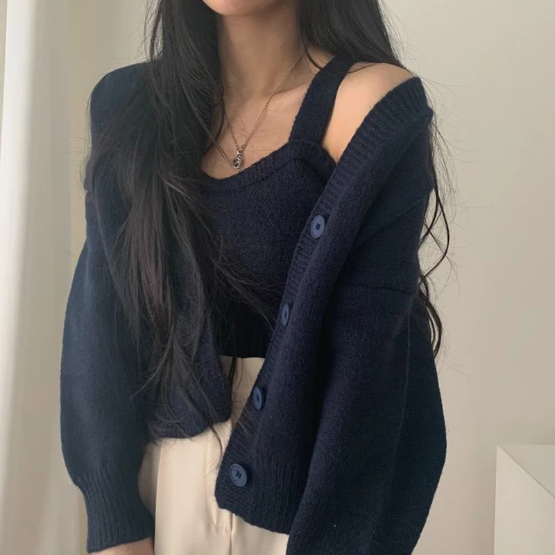 

Кардиган с длинным рукавом и v-образным вырезом и вязаный жилет, модный осенне-зимний женский вязаный комплект из 2 предметов, однотонная элегантная повседневная одежда