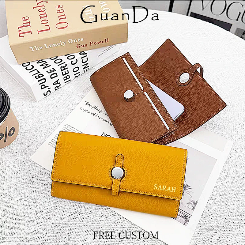 Cowhide Woman Custom Letters Long Wallet Lady Engrave Name Fashion Large Capacity Card Holder Luxury Female Coin Purse Phone Bag