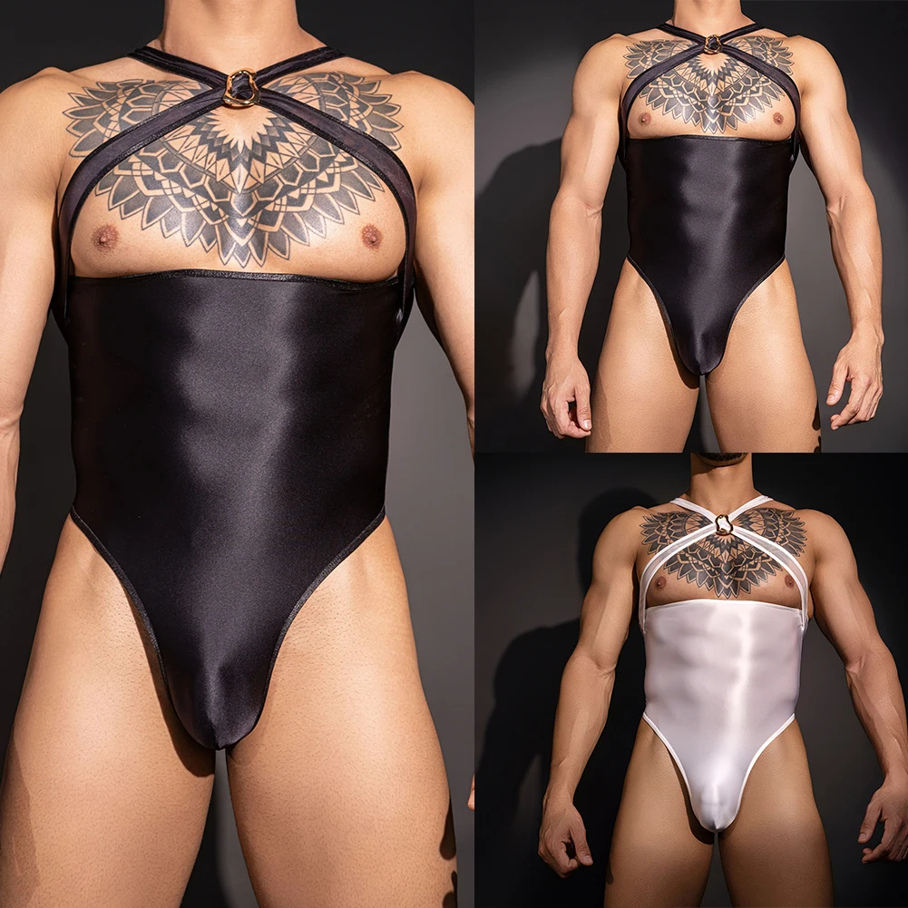 

Сексуальное мужское масляное глянцевое боди с высоким вырезом, боди, купальник, прозрачные комбинезоны, комбинезон, боди для ночного клуба, нижнее белье