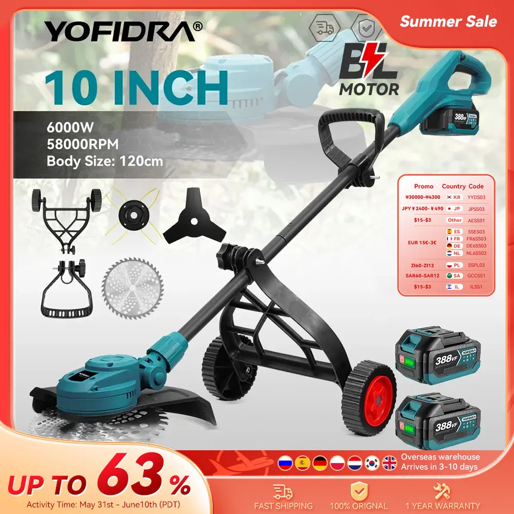 YOFIDRA 10 pouces tondeuse à gazon électrique sans brosse 6000W 58000 tr/min jardin pliable coupe gazon outil de jardin pour Makita 18V batterie broche