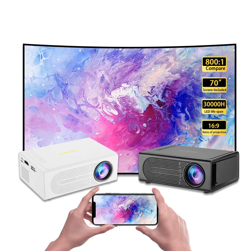 Mini proyector portátil LED Control inteligente Cine en casa Proyector LED de películas al aire libre M200, blanco, negro, EE. UU.