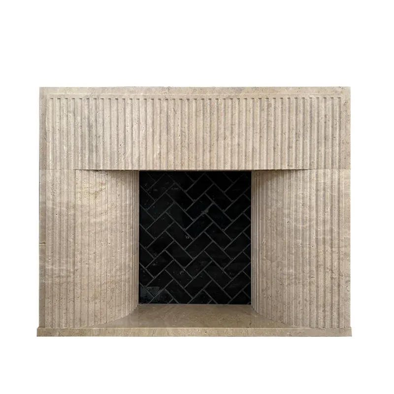 xx-Custom Beige Travertine Fireplace Room Dividing Stone Masterpiece Natural Stone Rectangle Design for Living Room Decor^