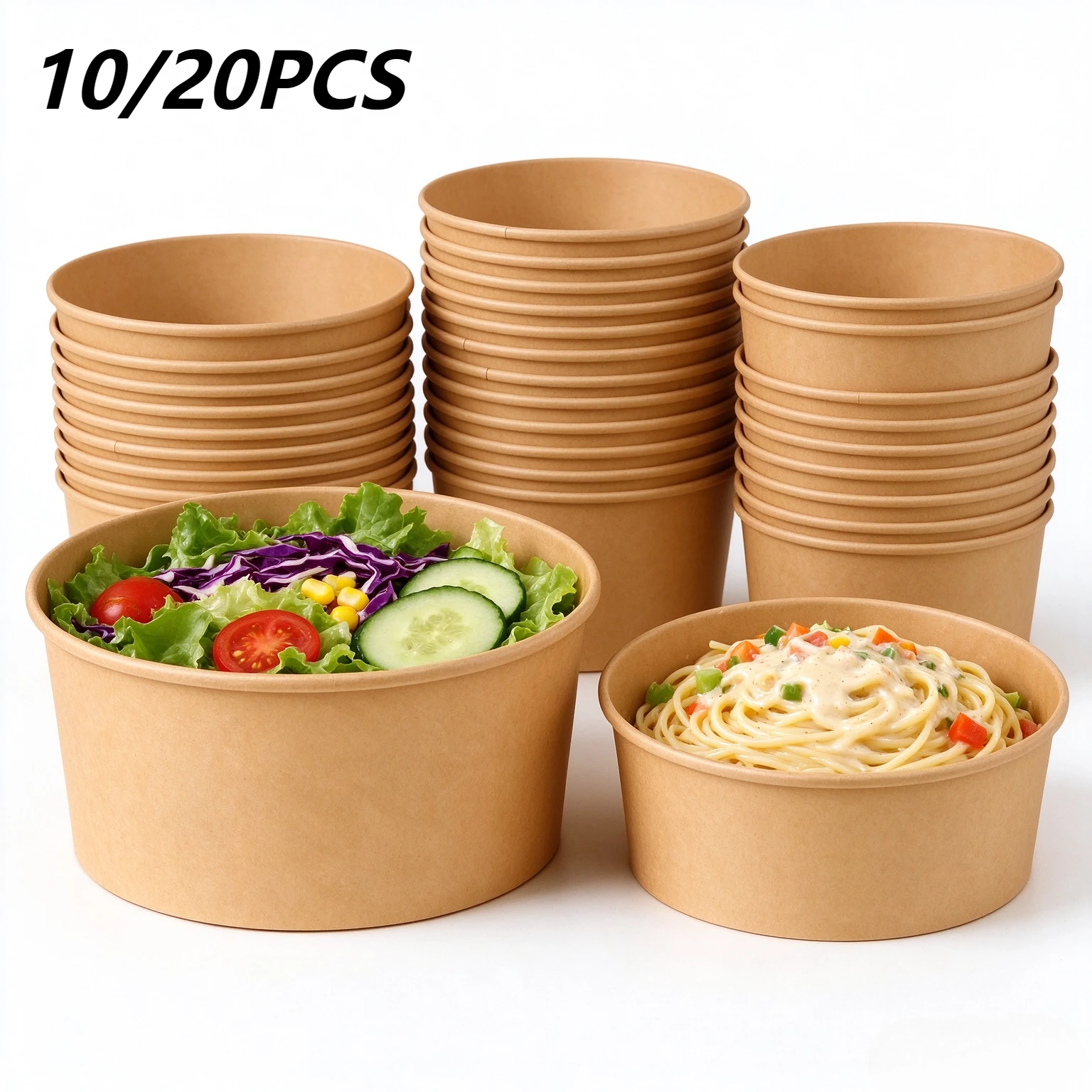 10/20PCS Kraft Paper Bowls Round Disposable Takeaway Food Containers Soup Salad Noodles Ice Cream Snacks Fruit Birthday Party