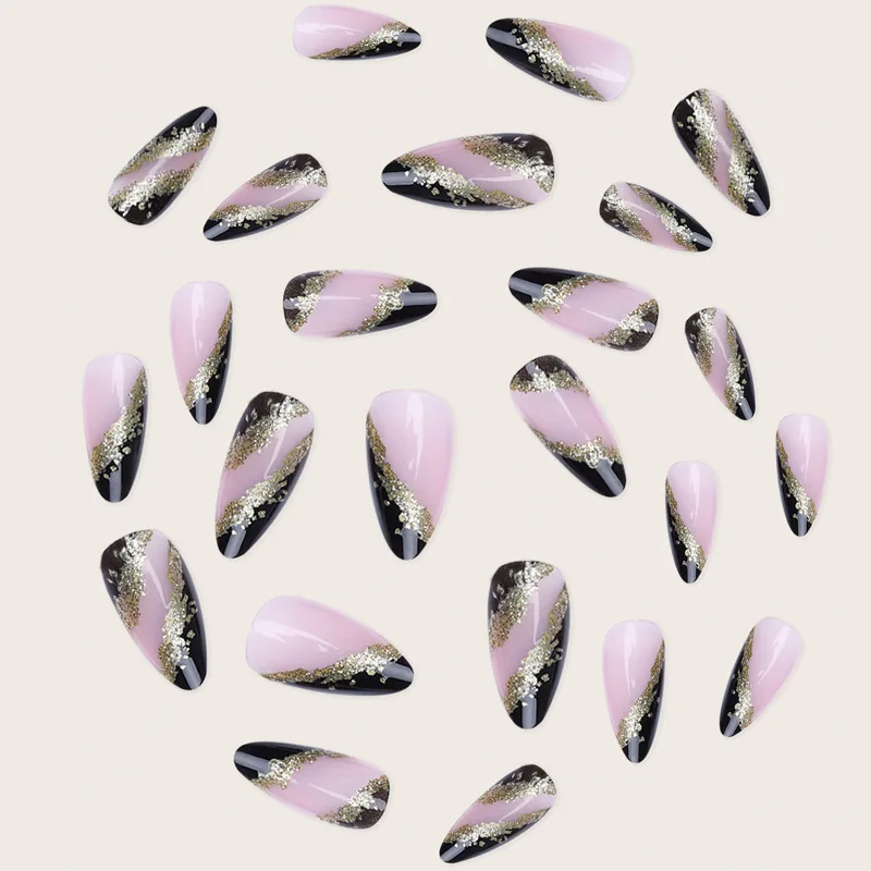 24 Stück rosa Mandel-Kunstnägel, glänzende goldene Wellen, Stiletto-Kunstnägel, abnehmbar, oval, vollständige Abdeckung, zum Aufdrücken der Nägel, Tipps, Maniküre – Detail 2