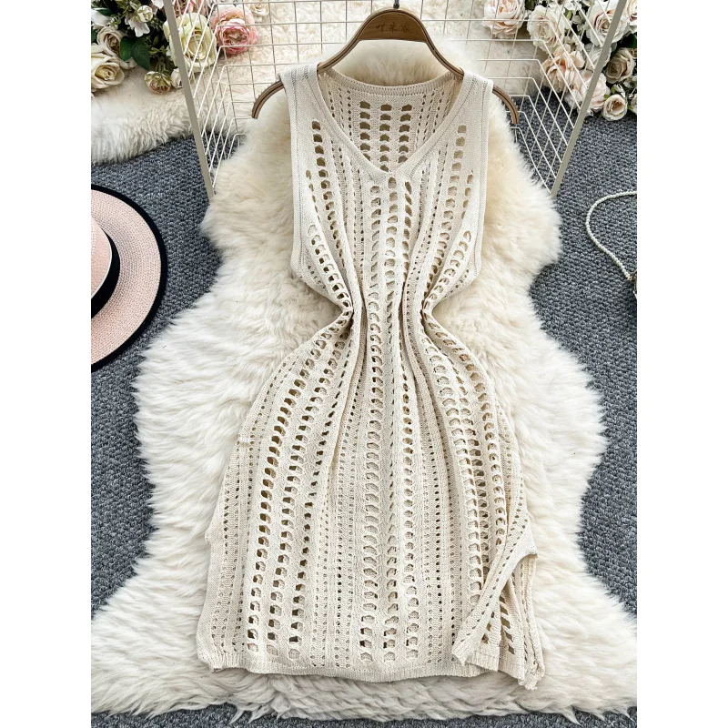 2025 boho women summer sexy knitted short tank dress casual hollow out beach holiday sundress split chic slim v neck dresses