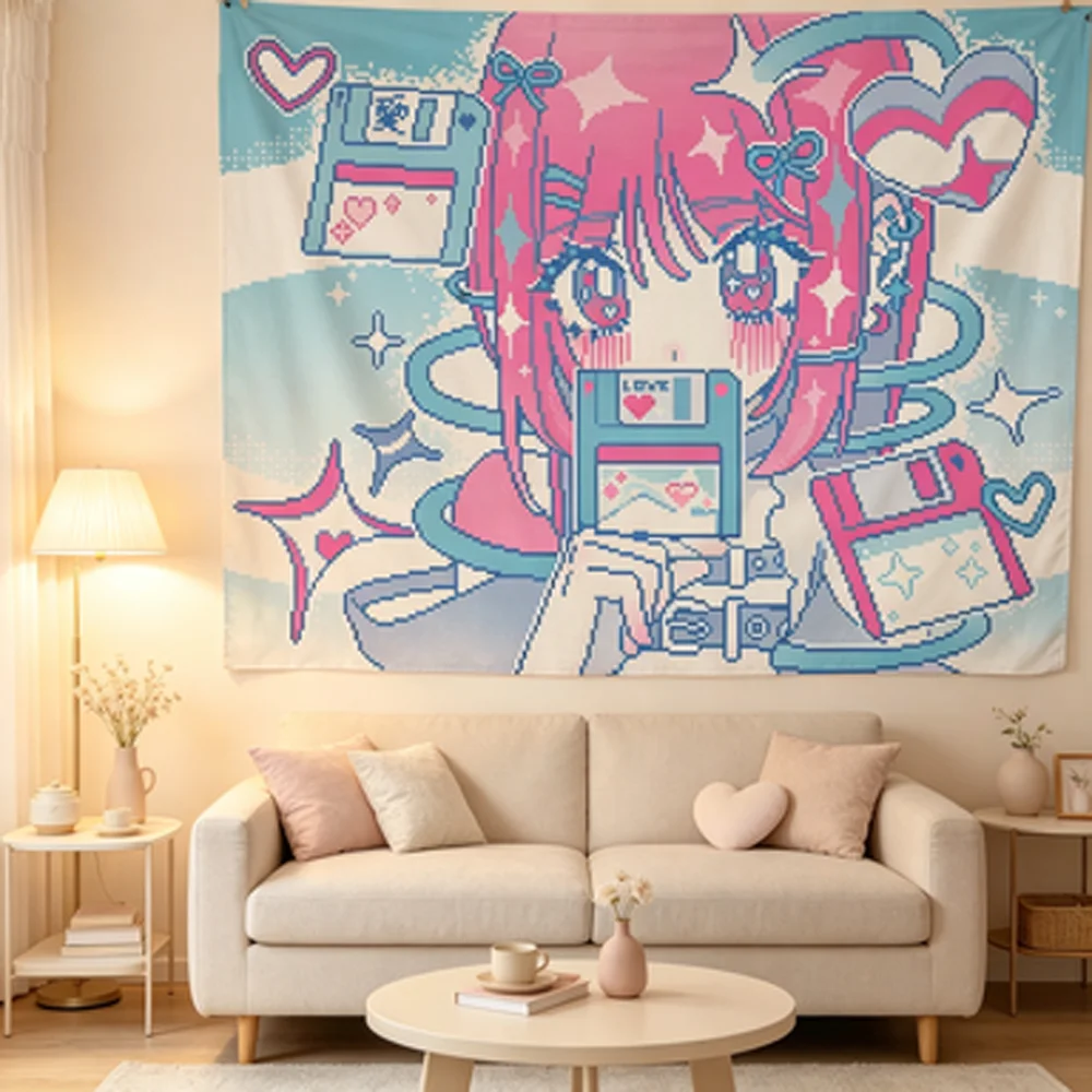 Cartoon Mosaic Girlish Heart Tapestry Lolita Style Wall Hanging Cloth Dormitory Bedside Bedroom Decorative Cover-Up Cloth