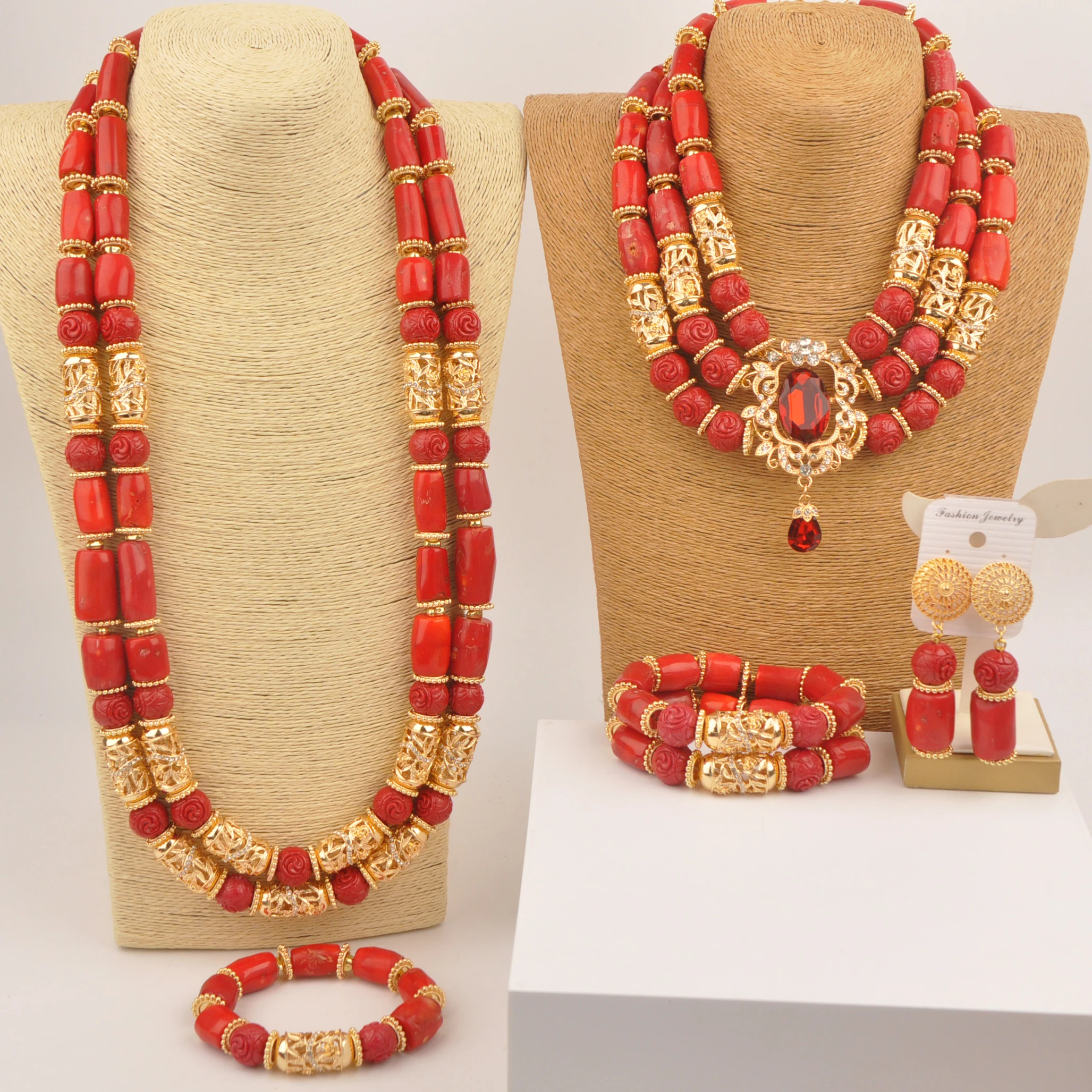 

Fashion African Wedding Accessories Nigerian Groom and Bridal Coral Jewelry Sets