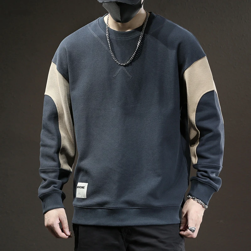 Autumn Winter Stitching Long-Sleeved Sweater for Men 2024 New American Fashion round Neck Loose plus Size Stretch Casual Clothes