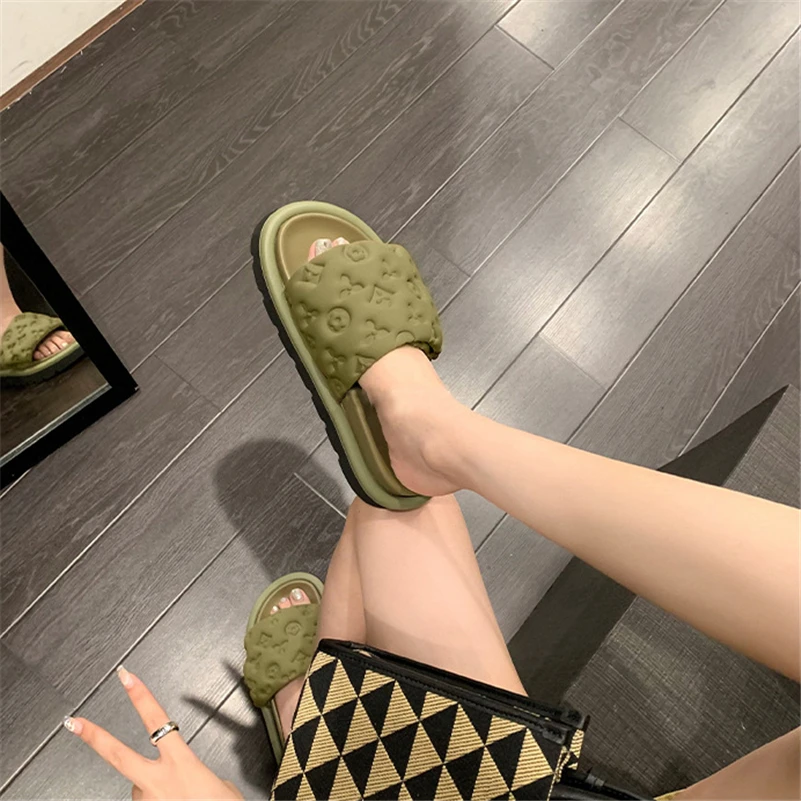 FOREADA Women Slides Round Toe Platform Sandals Flat Platform Mid Heels Slippers Ladies Fashion Shoes Summer Green Black 40