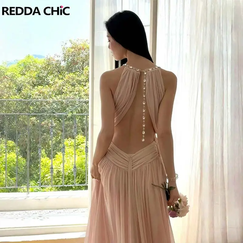 REDDACHiC Crystal Chain Halter Women Party Dress Sexy Glitter Crisscross Cinched Waist Flowy Maxi Party Gown Homecoming Costume
