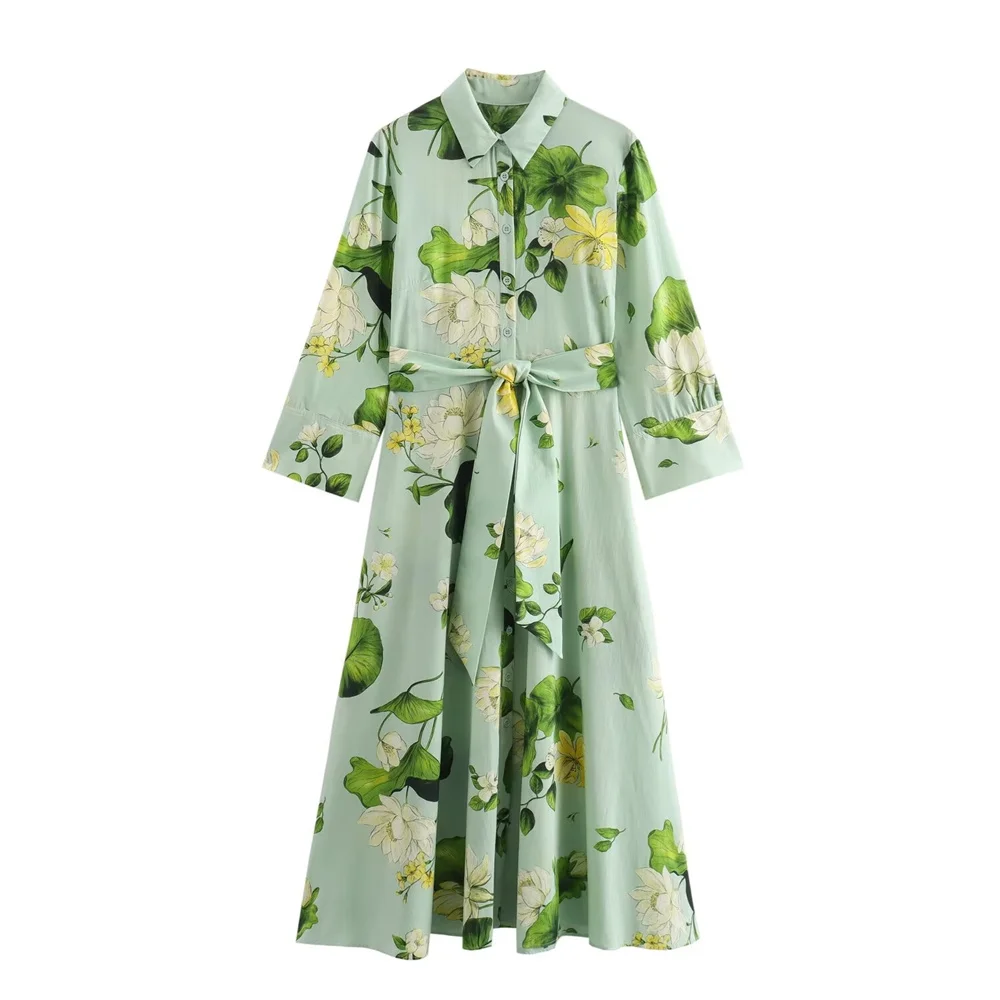 PB&ZA2024 Summer New Product Casual Women\'s Fashion and Elegance Slimming Matching Belt, Flower Print Shirt Style Dress