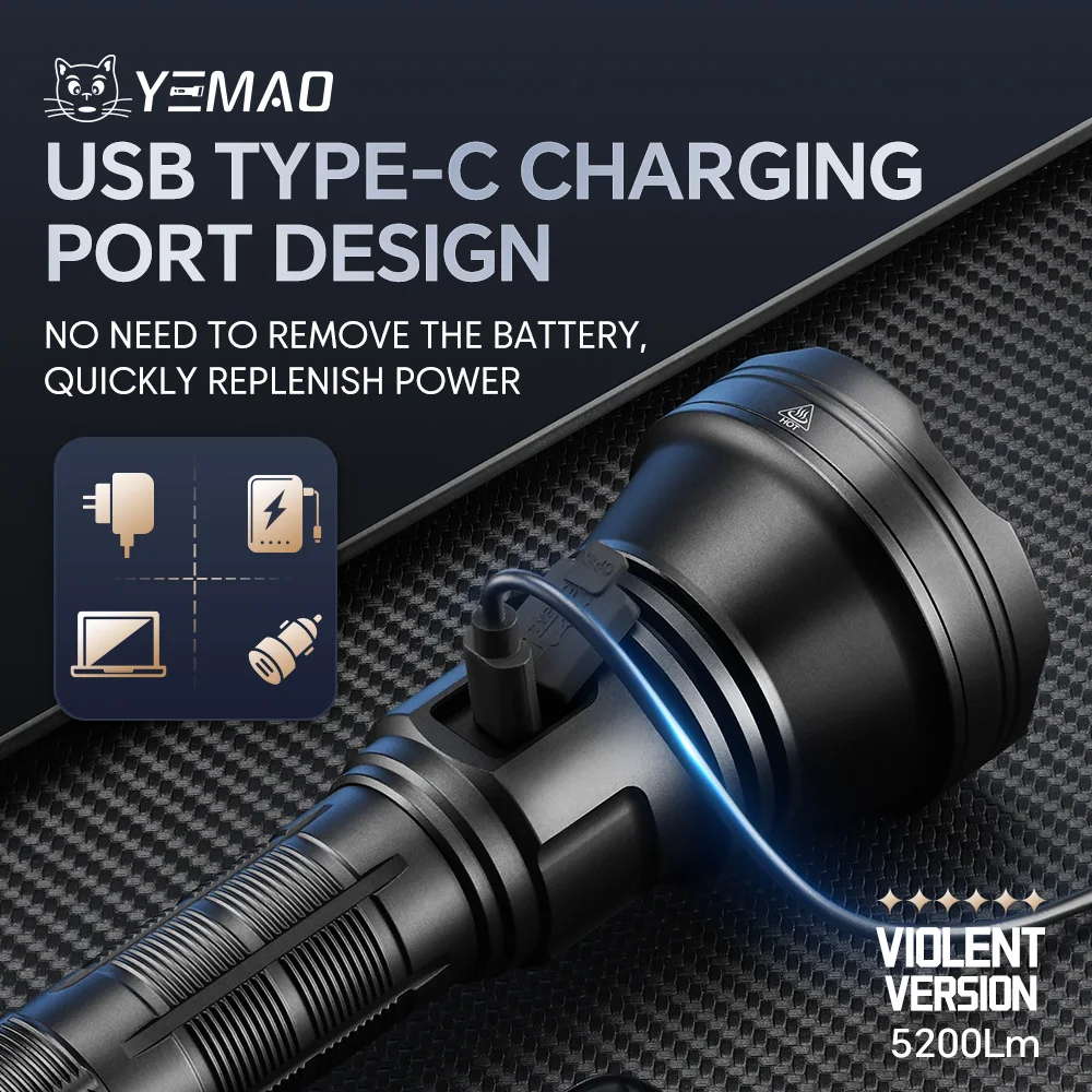 Latarka YM-98K 2.0 PROMAX 5200LM Super Jasna z 6 Trybami Oświetlenia, Wbudowana Bateria 21140, Latarka Szperacz do Kempingu i Aktywności na Świeżym Powietrzu