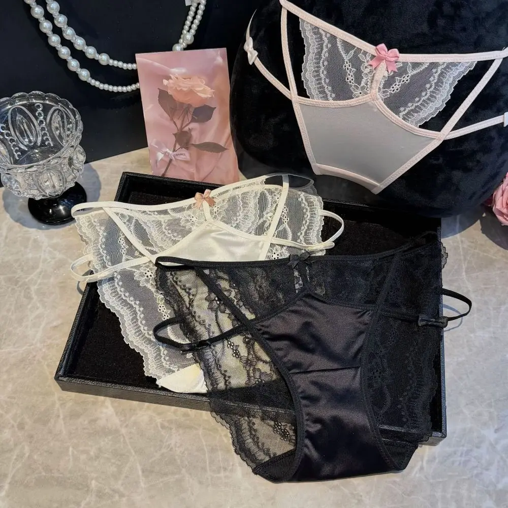 

Sweet Bow Lace Bowknot Briefs Transparent Cotton Crotch Lace Tied Up Underpants Seamless Low-Waist Mesh Hollow Panties Girls
