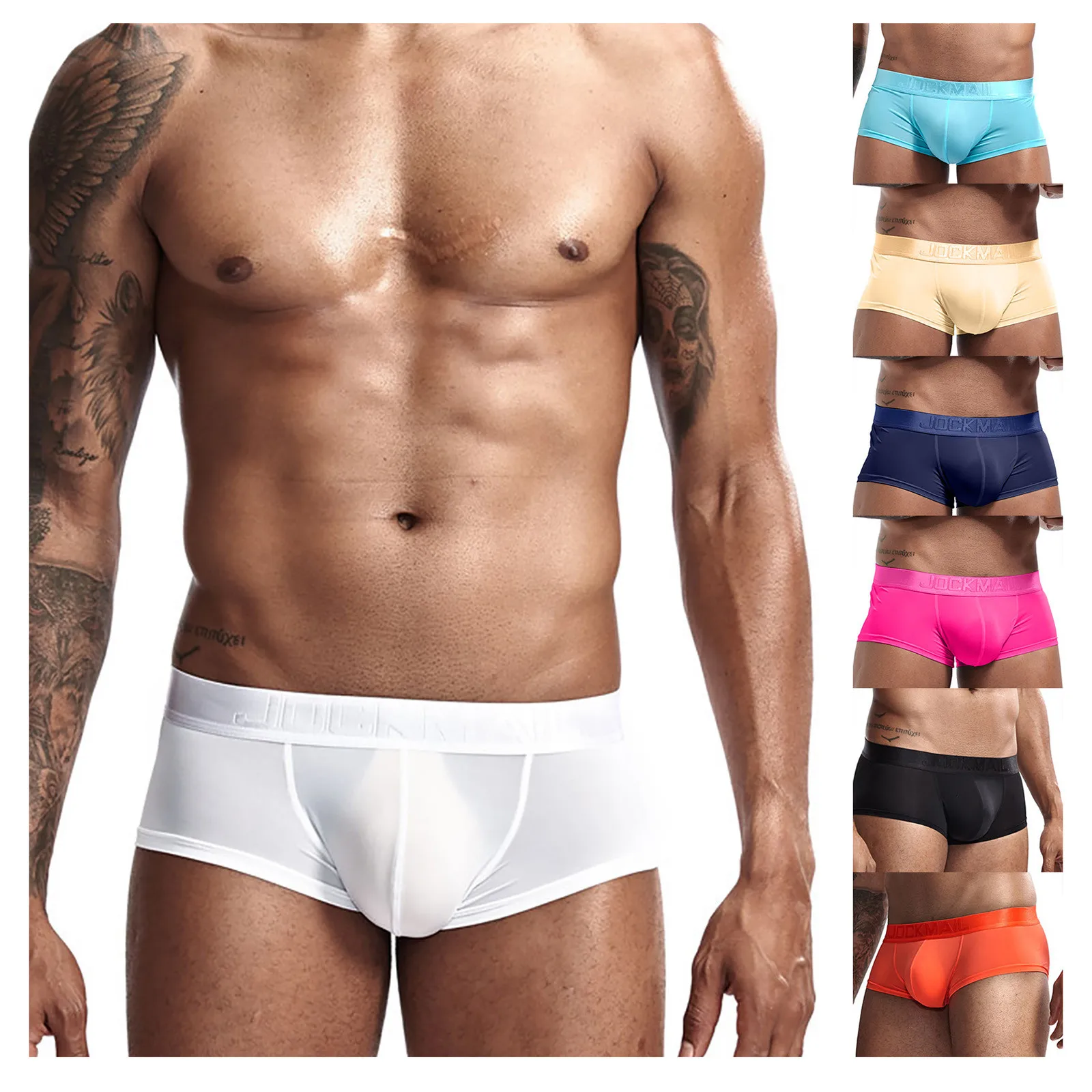 JOCKMAIL Solid Color Boxer Men\'s Ice Silk Underwear Sexy Underpants Shorts Male Letter Print Panties Pouch Soft Briefs Cuecas