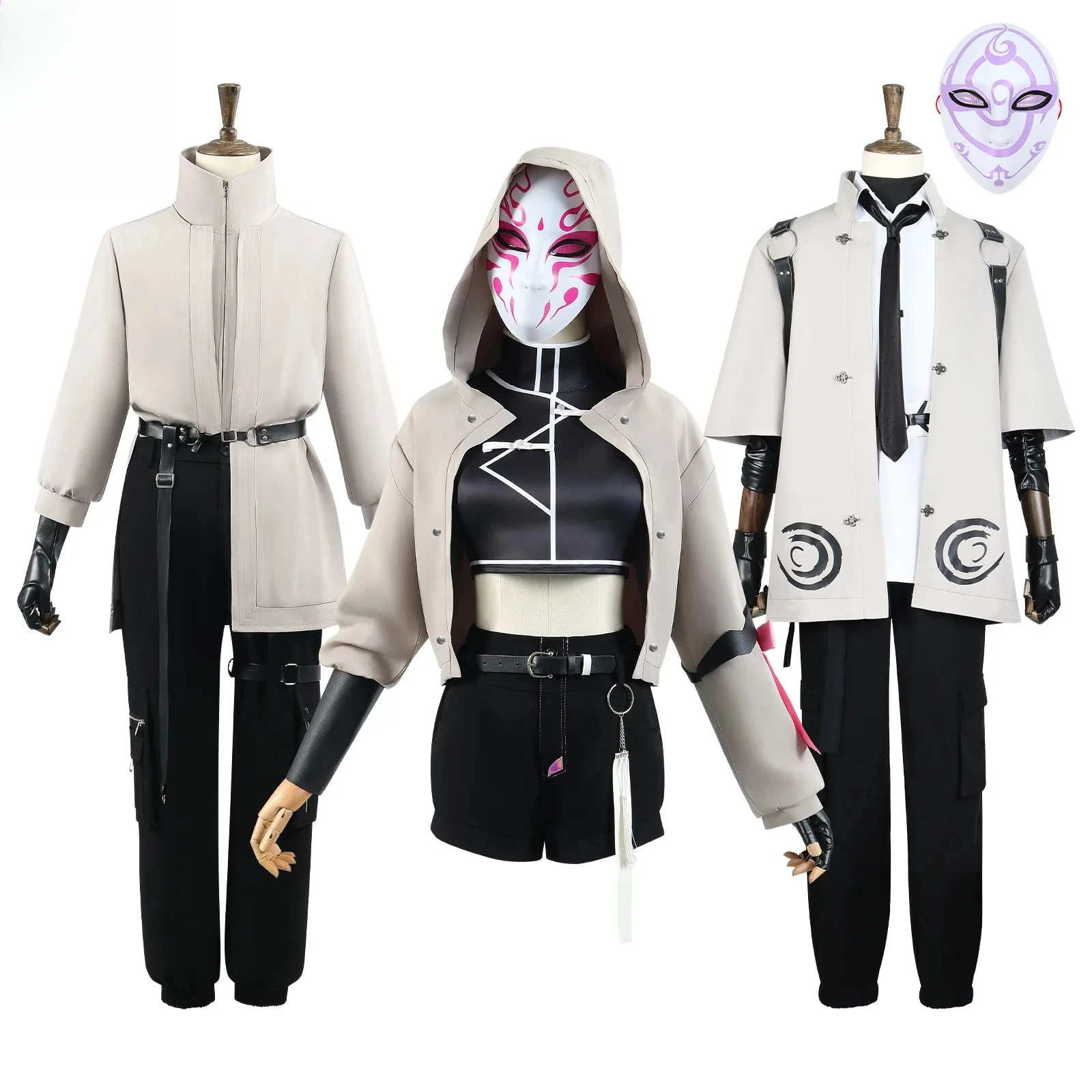 

Anime Dark Style Cosplay Outfit Set - Beige &Black Layered Attire with Mask Accents Mysterious Character Attire for Anime Events