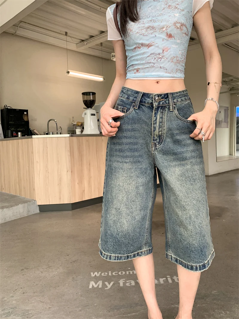 Korean-style summer vintage blue denim wide-leg cropped pants for women distressed wash casual and leg-lengthening