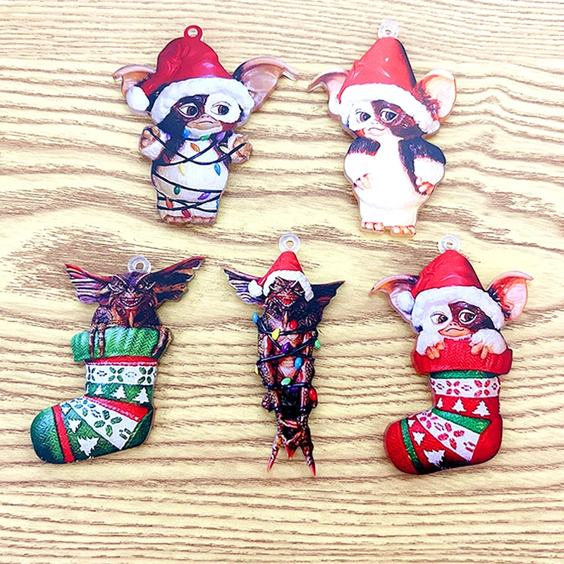 2D Gremlins Ornament Keychain Fairy Light Santa Hat Gizmo Figurine Hanging Pendant Decor Christmas Tree Party Decorat Accessorie