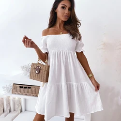 Kobiety Seksowna mini sukienka bez pleców Letnia moda Lady Slash Neck White Puff Sleeve Big Swing Party Beach Dresses Casual Robe Femme