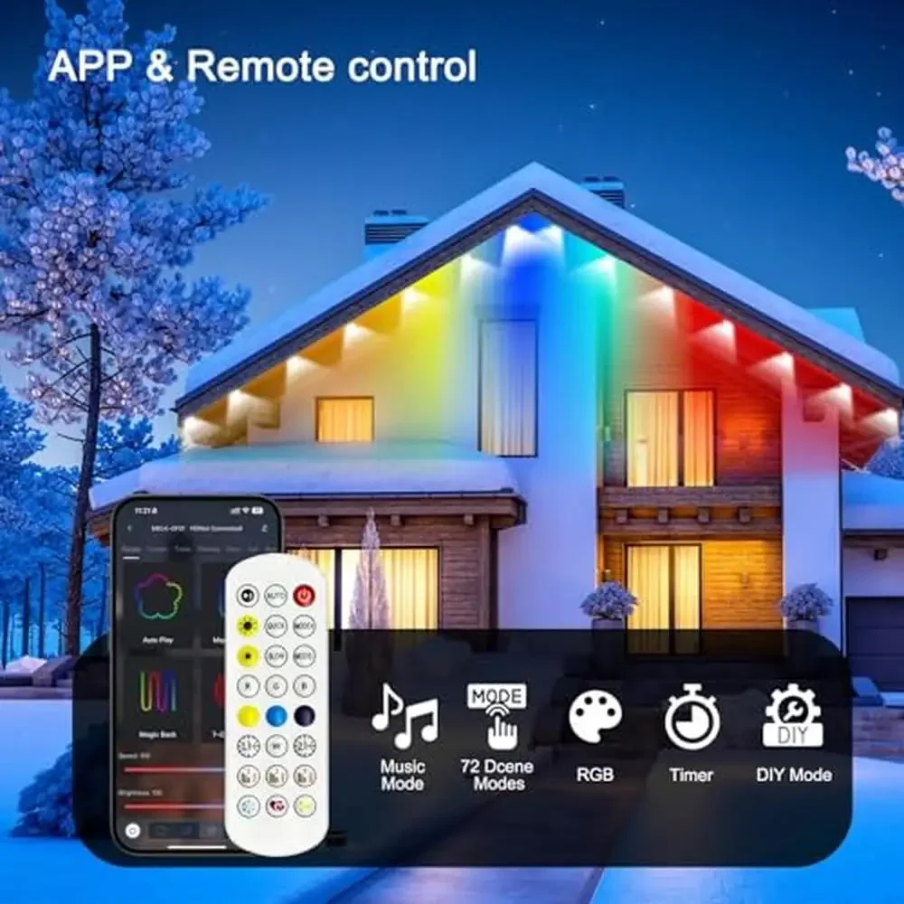 Guirnalda de luces RGB para exteriores de 105 pies, luces navideñas inteligentes IP67 impermeables con 72 modos de escena, sincronización de música, Control remoto por aplicación remota