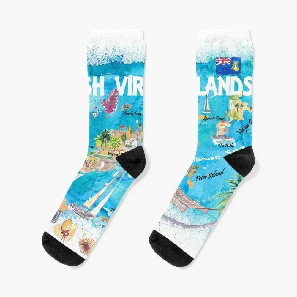 

British Virgin Islands Illustrated Travel Map with Roads and Highlights Socks Crossfit halloween Girl'S Socks Men's