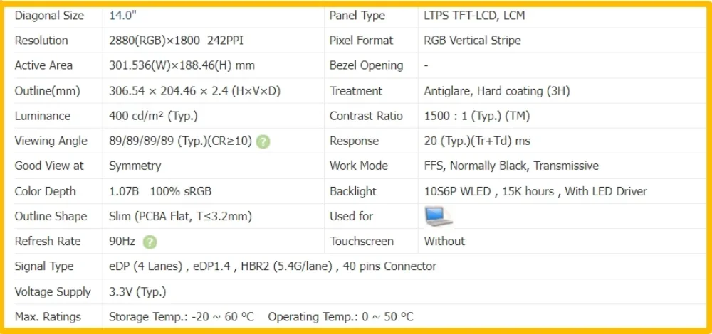 MNE007ZA1-1 SD10Z52007 5D10Z52006 14 inch Laptop Display LCD Screen No-touch Slim IPS Panel QHD 2880x1800 EDP 40pins 90Hz