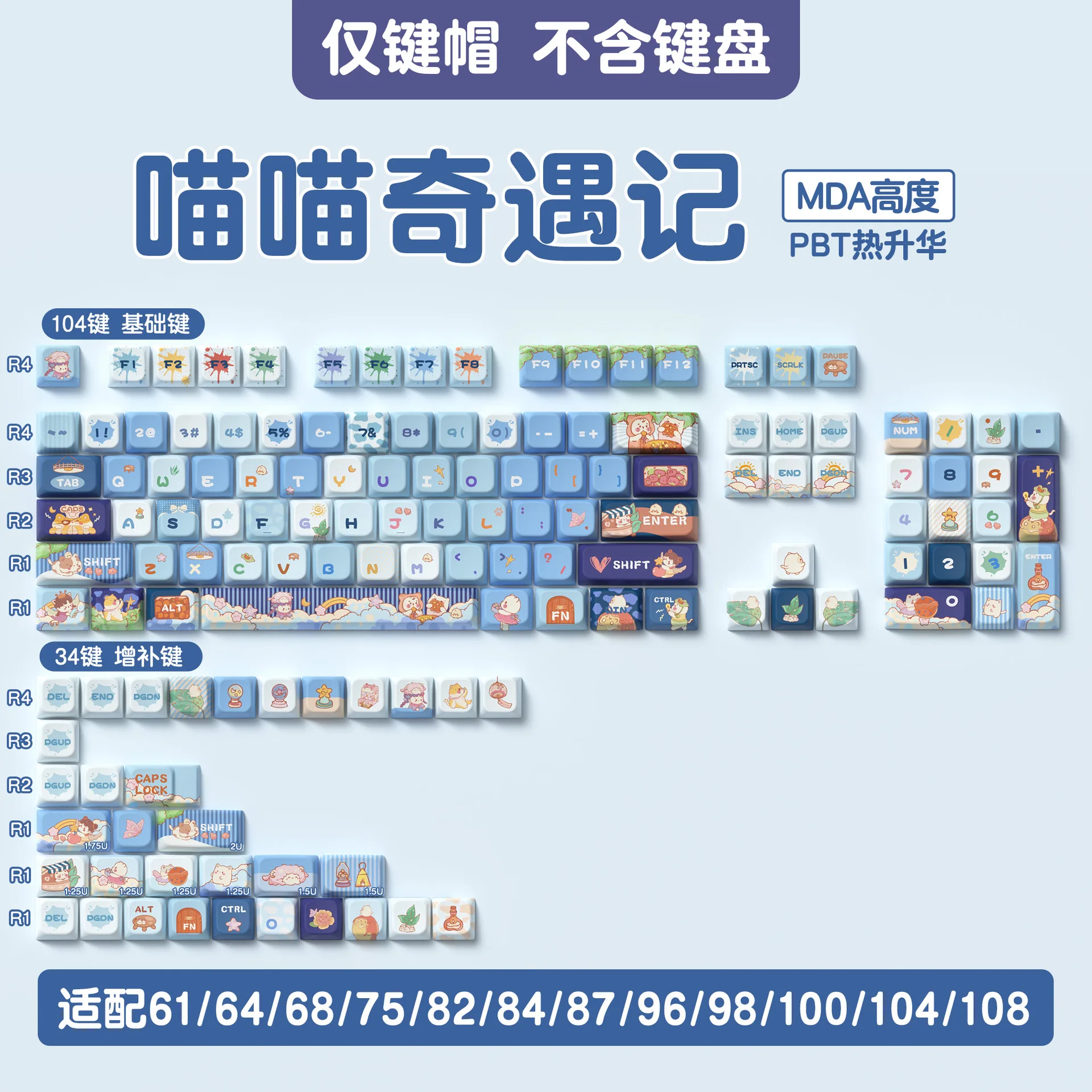 Meow Meow Adventure keycap MDA highly personalized customized adaptation pbt hot sublimation mechanical keyboard cap