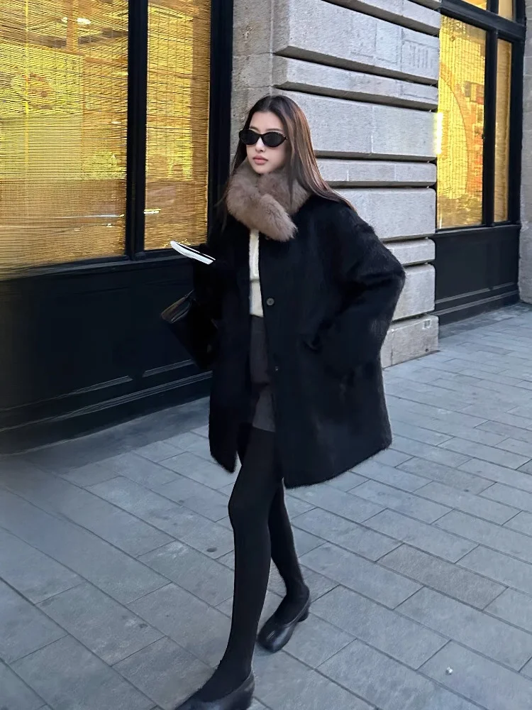 

Женское утепленное пальто EKOOL средней длины из смесового кроличьего меха, корейский стиль, свободный крой, теплое зимнее пальто с длинными рукавами на пуговицах