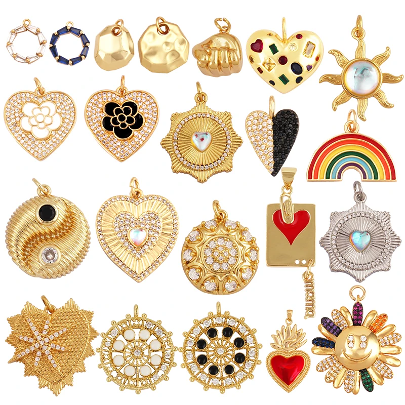 Trendy Rainbow Love Heart Happy Face Sun Charm Pendant,18K Gold Plated Zircon Necklace Bracelet For Handmade Jewelry Supply L21