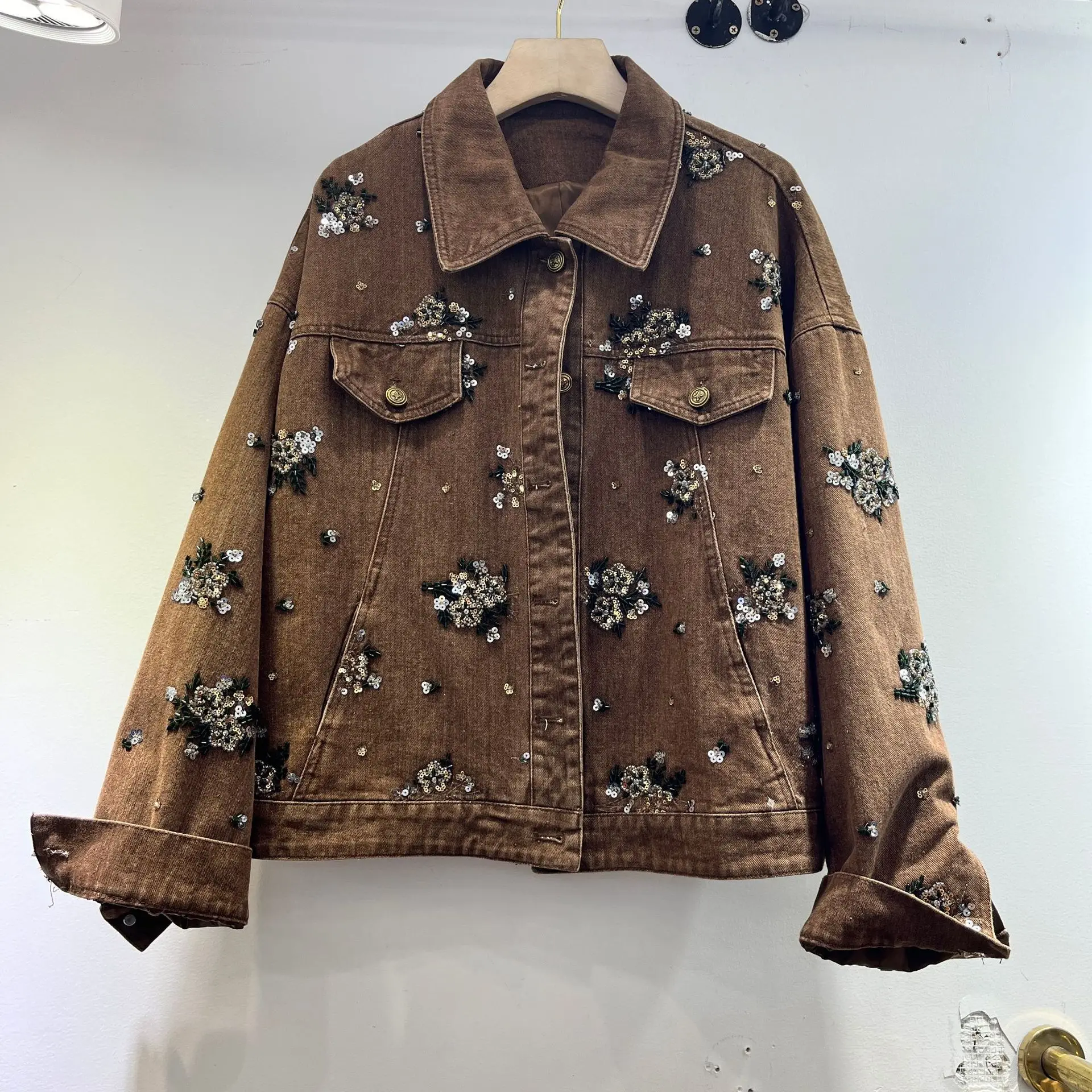 2025 New Women's Rhinestone Denim Jacket Loose Fit Distressed Long Sleeve Embroidered Coat