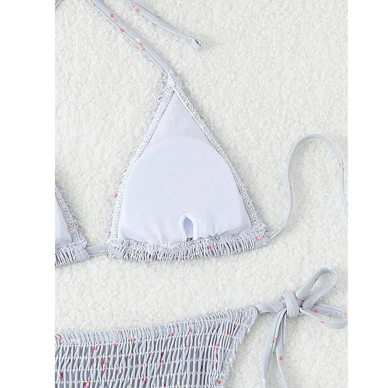 Sexy Tie Halter Grey Dot Print Wrinkled Bikinis Sets Two Pieces Thong Swimwear Biquini Conjunto De Bikini Tankini Beachwear