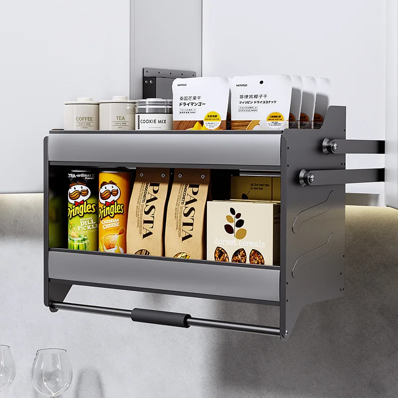 

Hanging cabinet pull basket kitchen cabinet lift type top built-in glass up and down seasoning aluminum alloy storage rack