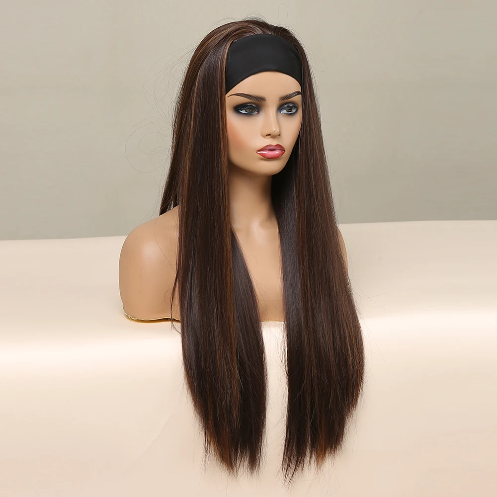 HENRY MARGU Women\'s Headband Wig Synthetic Hair Long Straight Brown Gloden Highlight Glueless Wigs for Black Women Machine Made