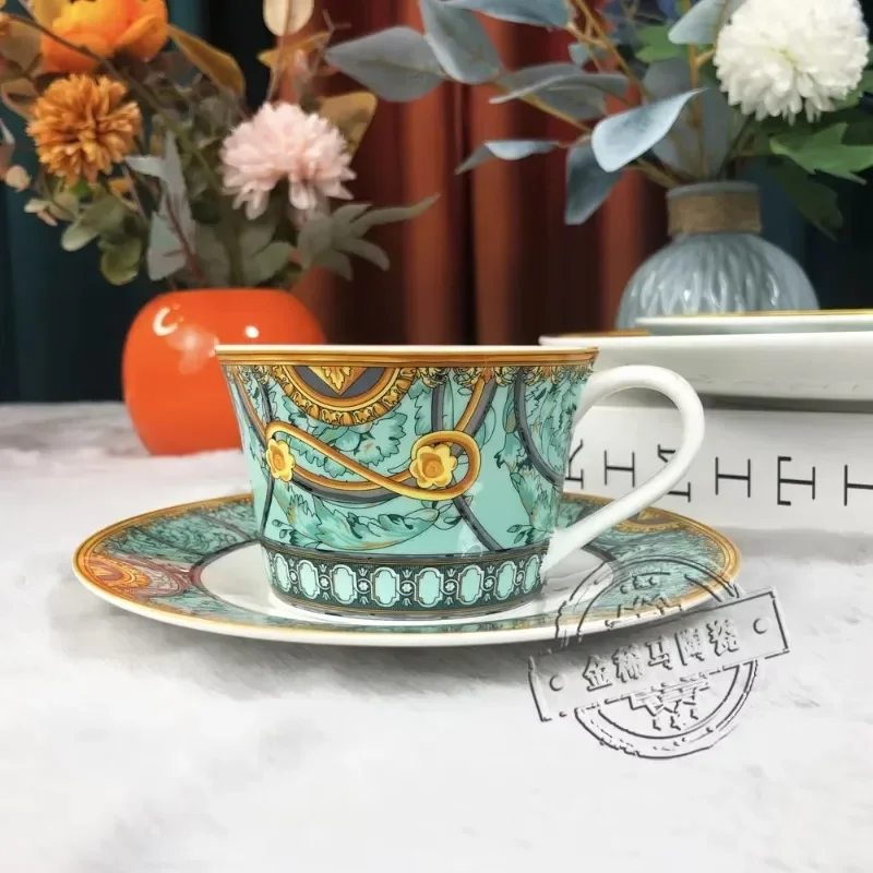 New trendy gold edged tableware, coffee cup, hotel model room dining table, steak, Western cuisine, couple coffee cup, plate