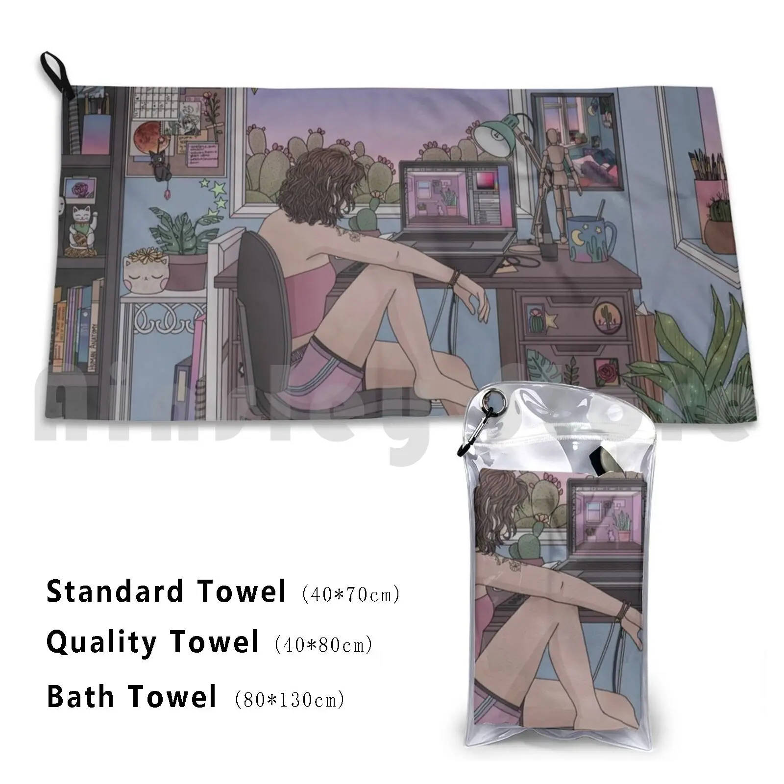 Creative Space Custom Towel Bath Towel Cartoon Aesthetic Interior Anime Moon Desert Plants Cats Cat