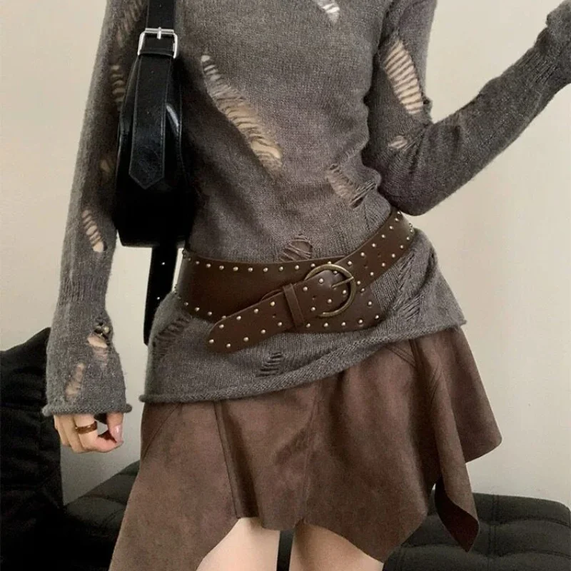 

Women's American Style Wasteland Rivet Wide Waistband Subculture Fashionable Dress Sweater Waist Seal Unique Niche Personality